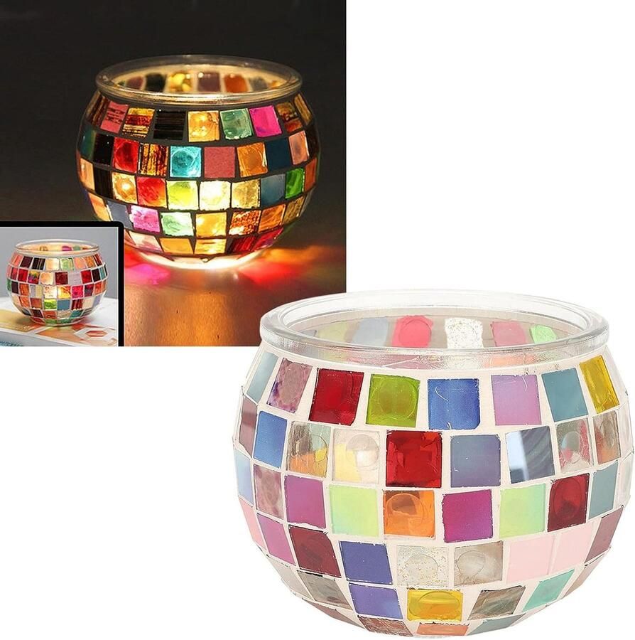 Mozaïek Glazen Kandelaars Kleurrijk Tafel Middenstuk Theelichtglas voor Thuisdecoratie Feest Bar Diner Sfeer Handgemaakt Patroon met Vrolijke Kleuren