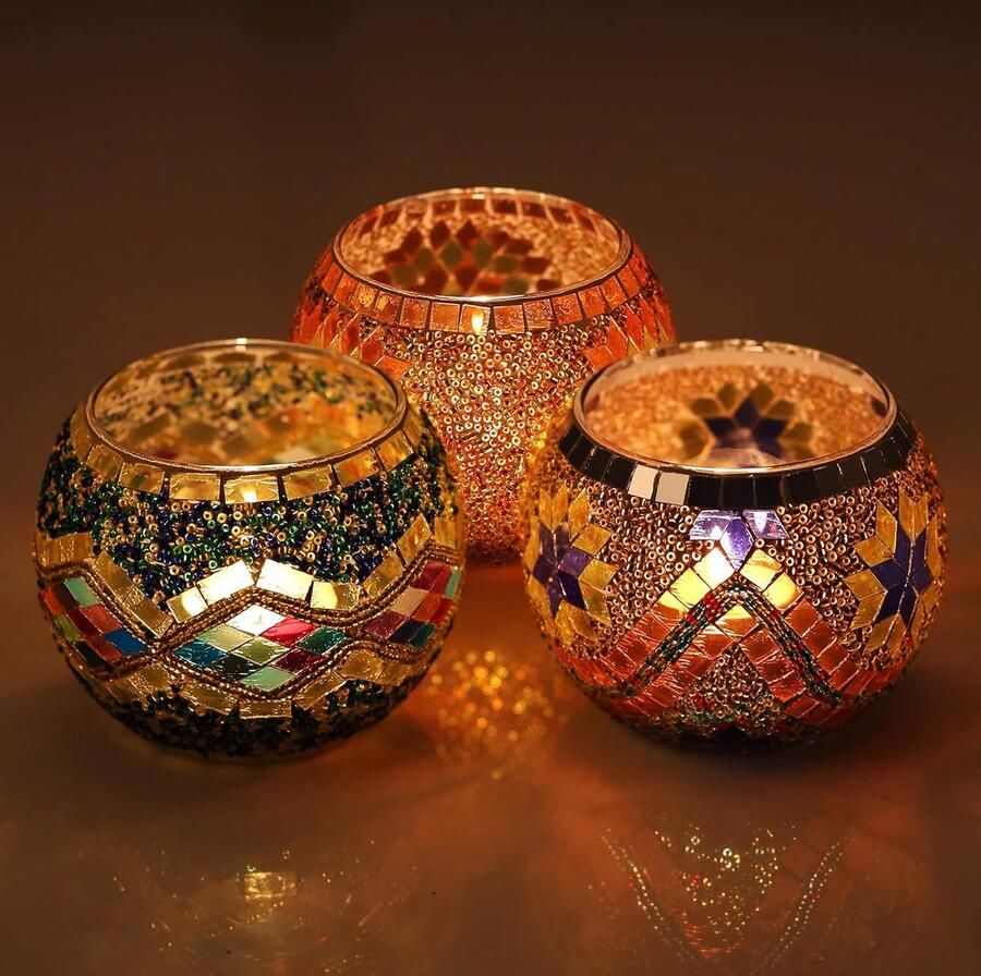 Mozaïek Votief Theelichten & Kandelaar Set 3 Stuks Decoratief Huis Ornament voor Tafels & Aromatherapie