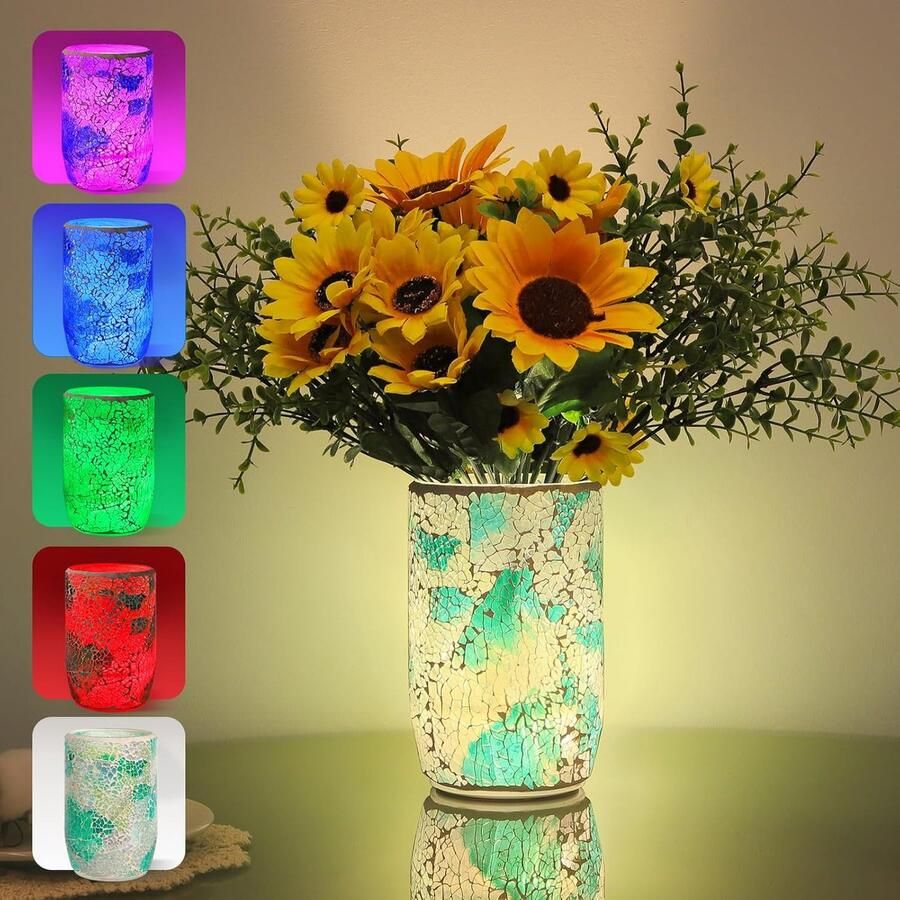 Mozaïeklamp Vaas Glas Oplaadbaar: 5-kleurige LED-batterijtafellamp Dimbaar Oplaadbaar Vintage Vaaslamp voor Kinderen Slaapkamer Kerstdecoratie Eettafel Buiten Groene Mozaïek