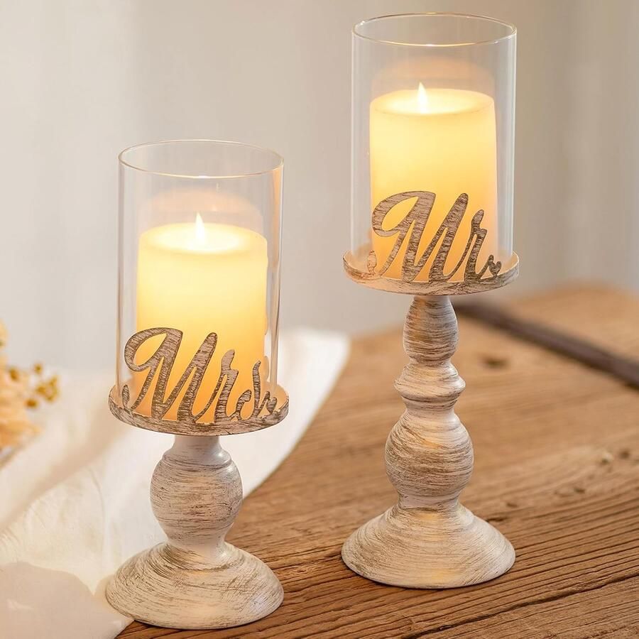 Mr Mrs Pijler Kaarshouders voor Bruiloft Tafel Centrepieces Glas Hurricane Kaarshouders Distressed Metalen Kaarshouder Geschenken voor Bruidegom Koppels Verloving Bruiloft Party Decor