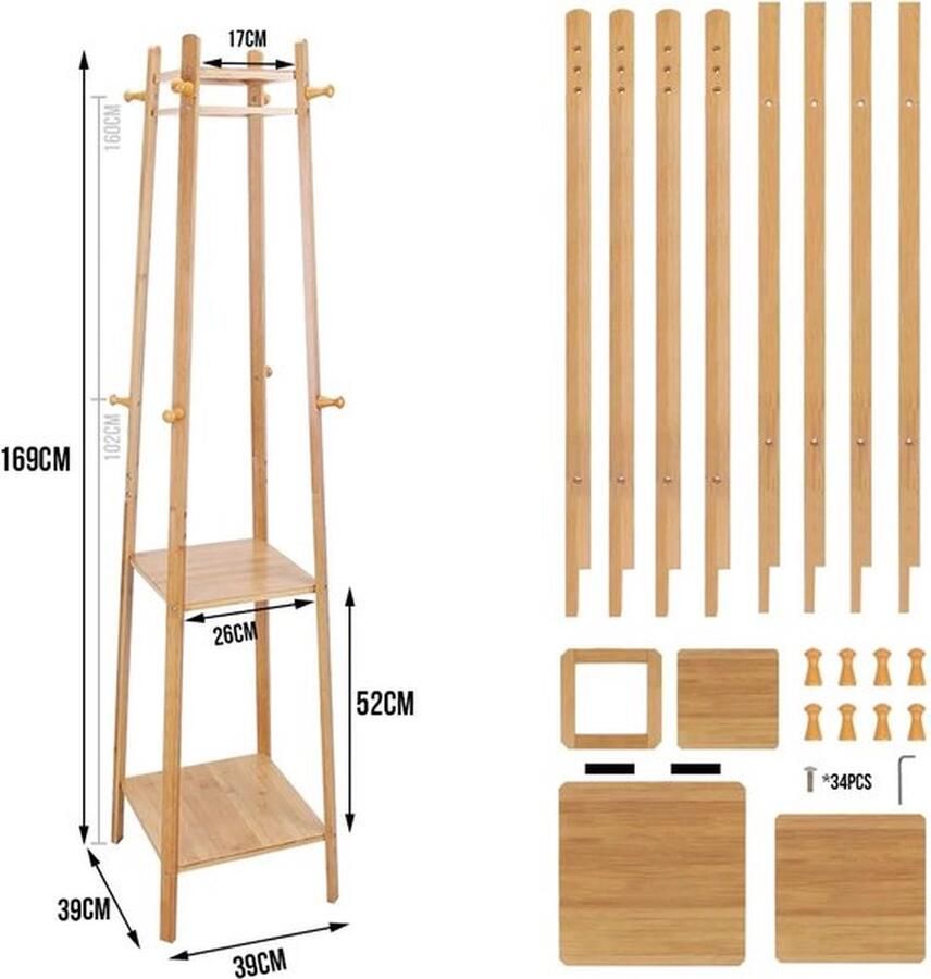 Mrs. Jones™ Bamboe Kapstok Vrijstaand 3 legplanken 8 haken Duurzaam en veelzijdig kledingrek 40x40x168cm Hal Garderobe Slaapkamer