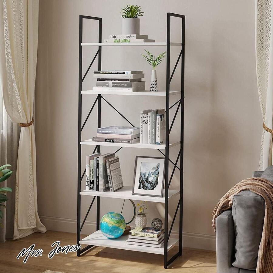 Mrs. Jones Boekenkast 5 niveaus vloerstaande boekenplank houten plank en metalen frame boekenrek display opbergrek rekken voor woonkamer thuiskantoor witte boekenplank met ruime opbergmogelijkheden