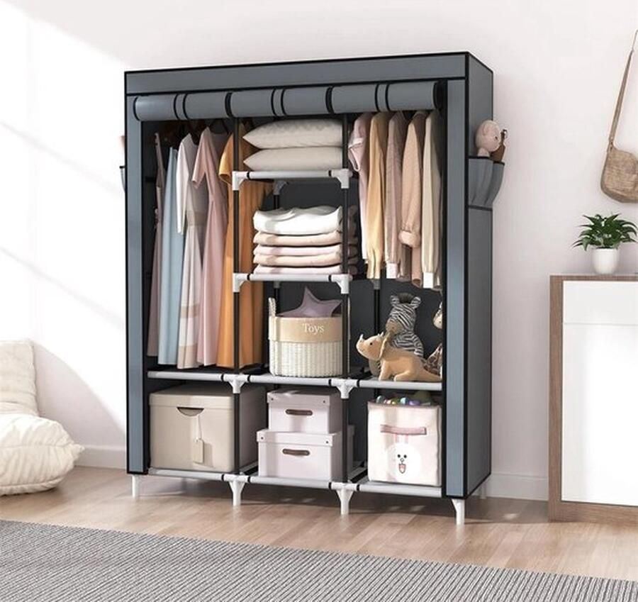 Mrs. Jones Draagbare Kledingkast Garderobekast opvouwbaar Grijs 150x45x170 2 Hangende sectie 6 Legplanken