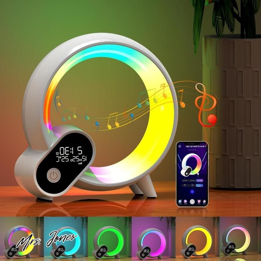 Mrs. Jones Intelligente tafellamp Q-type sfeerlamp nachtlampje dimbaar wekker luidspreker bluetooth app-bediening wit
