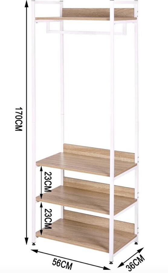 Mrs. Jones Kapstok Garderobe Garderoberek Kast Kapstok staand Kapstok met schoenenrek Kledingrek Eikenhout Wit metaal 56x36x170