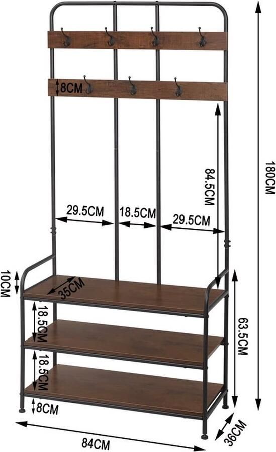 Mrs. Jones Kapstok met schoenenrek kledingrek 7 haken Industrieel Donker hout Zwart metaal 84x180x36cm