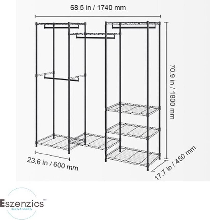 Mrs. Jones™ Kledingrek Industrieel Vrije indeling Zwart metaal Tot 360 kg Ruim Vrijstaand Kledingstang Legplanken 174x180x45 cm