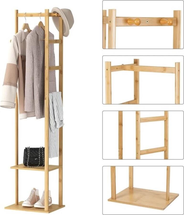 Mrs. Jones Kledingrek van Bamboe Inclusief 2 Opbergplanken & Haken Stijlvol Design Kleding Organizer