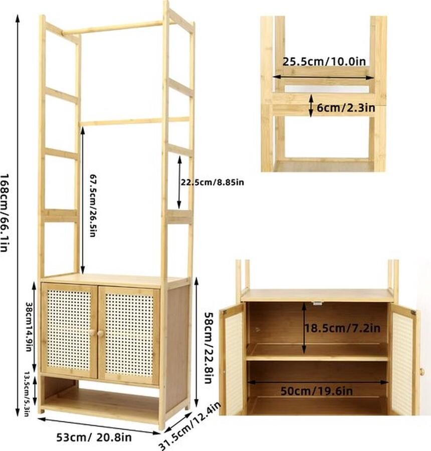 Mrs. Jones Kledingstandaard Kledingrek vrijstaand kledingrek Planken Kastje Hangstang Bamboe Lichtbruin