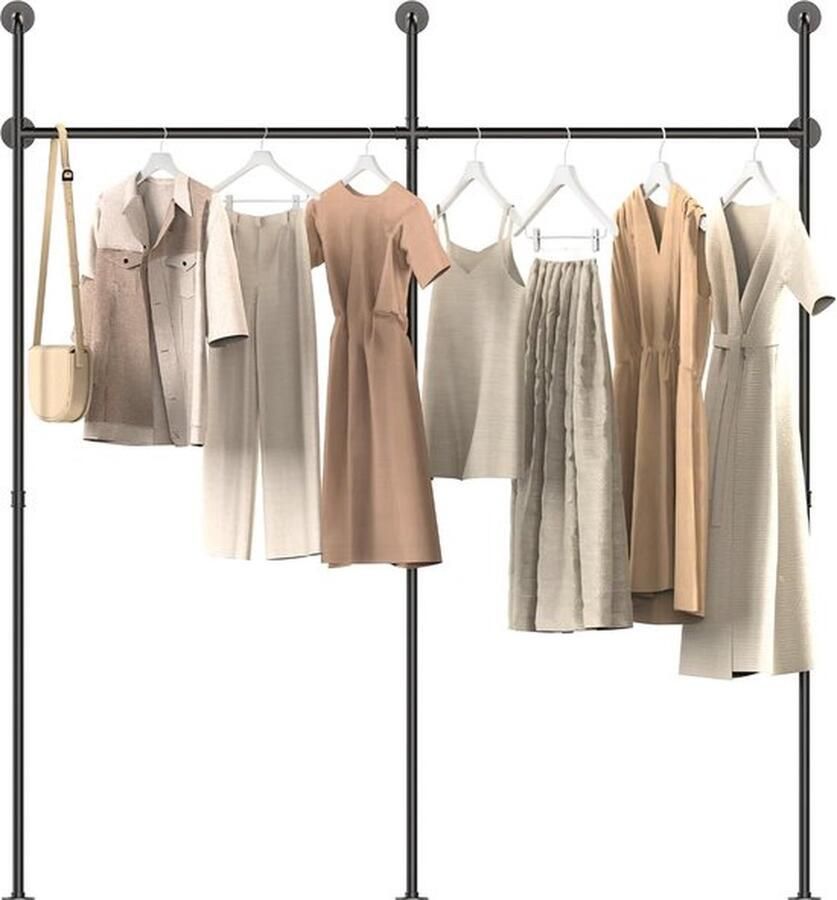 Mrs. Jones Multifunctionele Metalen Open Kledingkast Wandgemonteerde Kledingstang Systeem Kastorganizer met Twee Kolommen en Plank 203 x 220 cm Zwart