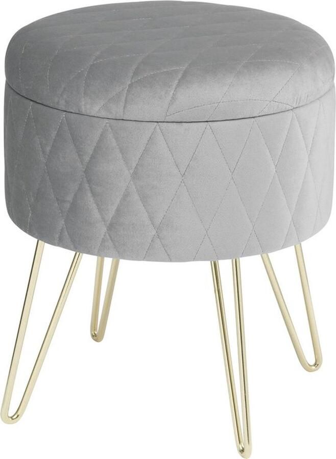 Mrs. Jones Ronde Fluwelen Opbergpoef met Gouden Metalen Poten 31 5x31 5x36 cm Multifunctioneel Zitmeubel en Opbergruimte Licht Grijs