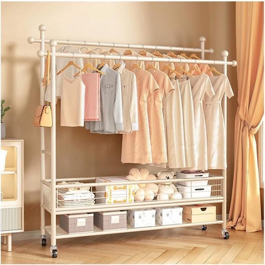 Mrs. Jones Zware Kledingrek op Wielen Metalen Kledingstandaard met Dubbele Hangstangen Vrijstaande Kledingrek voor Schoenen en Dozen (Beige)
