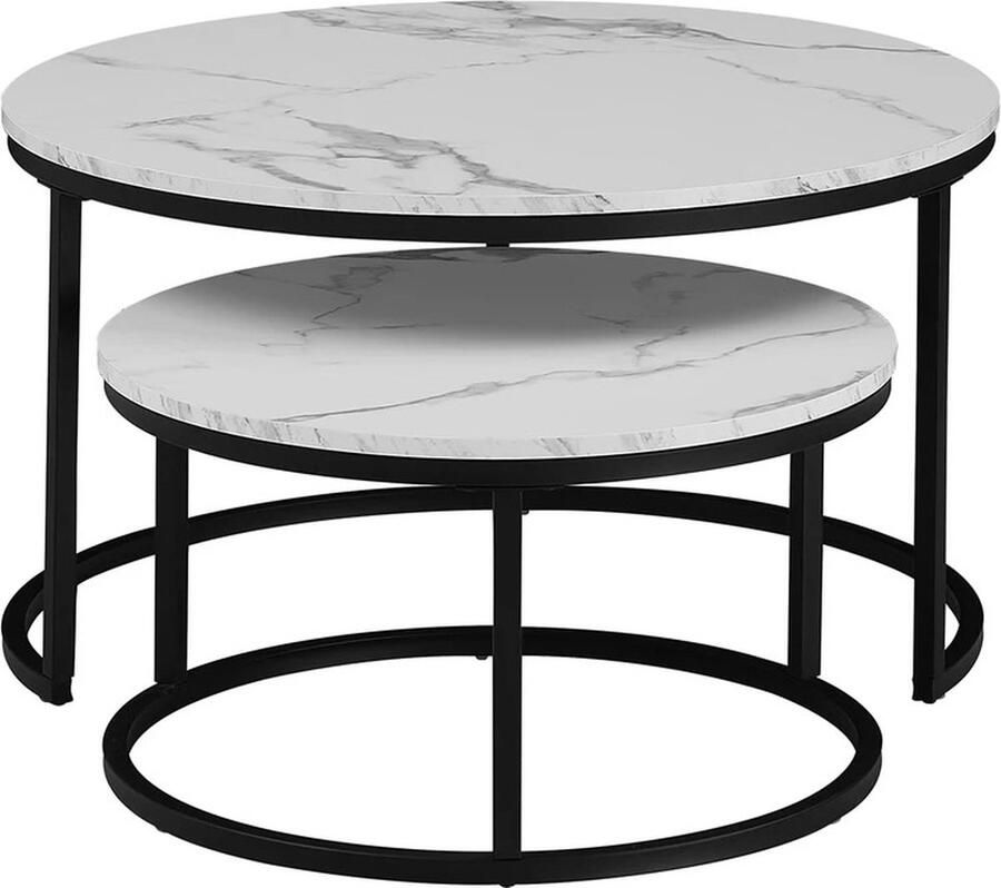 MS Ronde salontafel Set van 2 Zwarte frame Marmer tafelblad Bijzettafel Koffie tafel Functioneel Ø 60 cm + Ø 40 cm