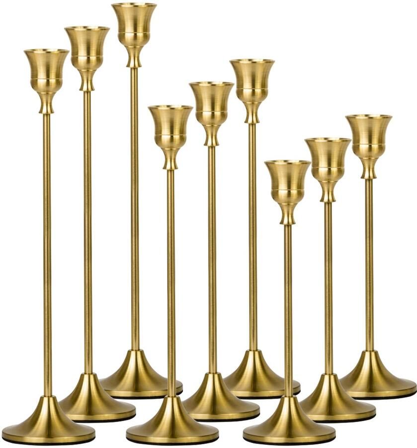 MTINRNI set van 9 kaarsenhouders met taps toelopende kaarsen 3 verschillende hoogtes (19 5 23 3 27 2 cm) metalen kegelvormige kandelaars moderne vintage decoratie eettafel voor bruiloftsfeest kersttafeldecoratie
