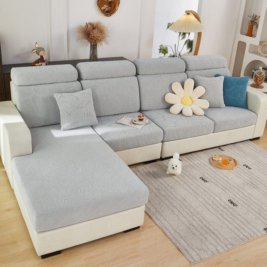 Allecto Plus Universeel elastisch bankovertrek voor L-vormige chaise longue bank Meubelbescherming met antislip Grijs Bankkussen hoes - Foto 2