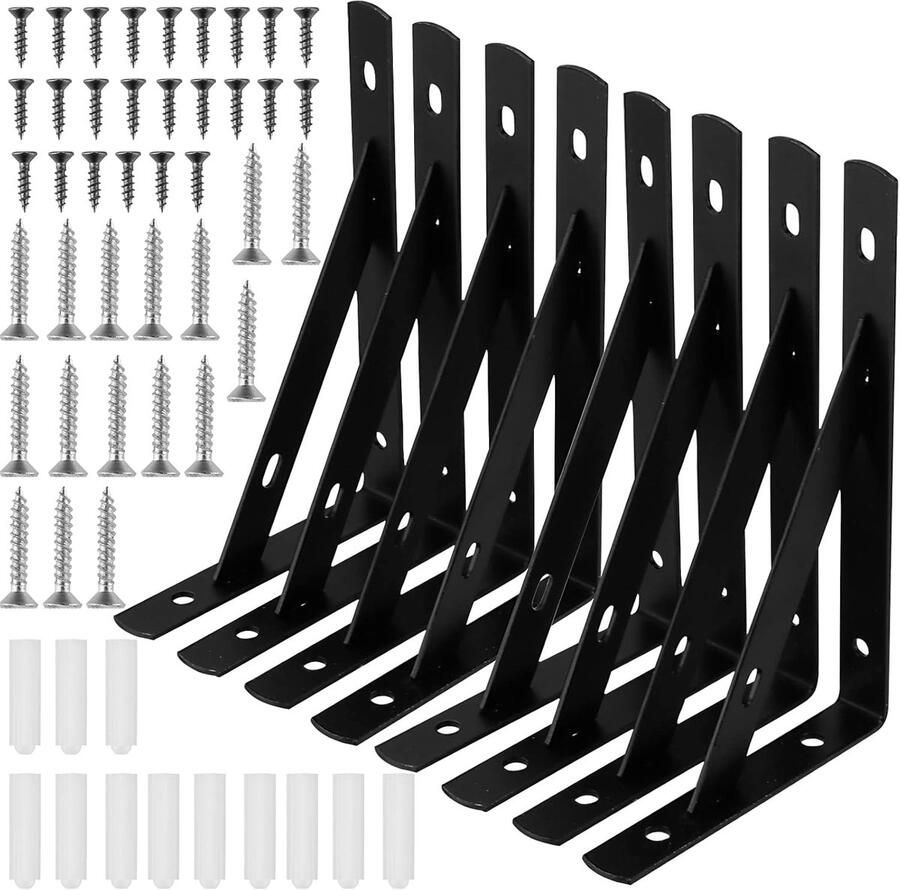 MUKLEI 8pcs 150mm Black Shelf Brackets Wall Mounted Shelf Brackets Triangle Shelf Support Bracket 90 Degree Floating Corner Support with Screws Anchors for Bookshelf Closet Black