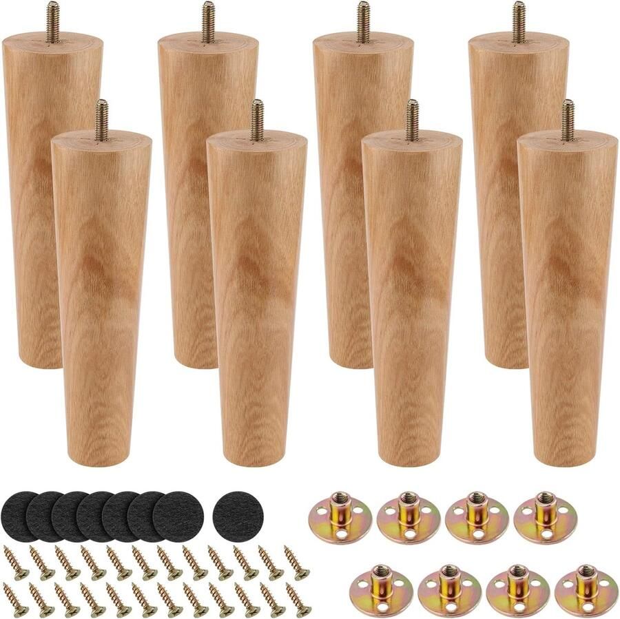 MUKLEI 8pcs 20cm Wooden Furniture Legs Solid Wood Bench Legs Dresser Legs with Mounting Plates Screws and Non-Slip Pads Wooden Cabinet Leg for Sofas Tables Dressers