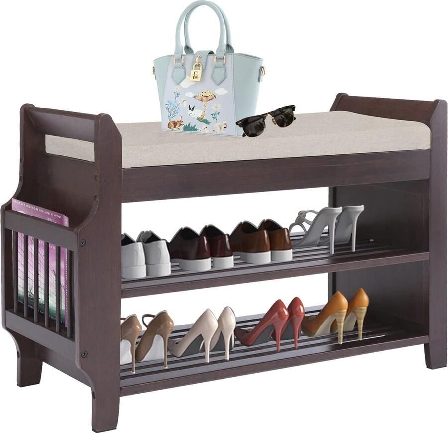 Multifunctioneel Bamboe Schoenenrek met Zacht Kussen en Opbergruimte voor Entree en Woonkamer - Foto 2