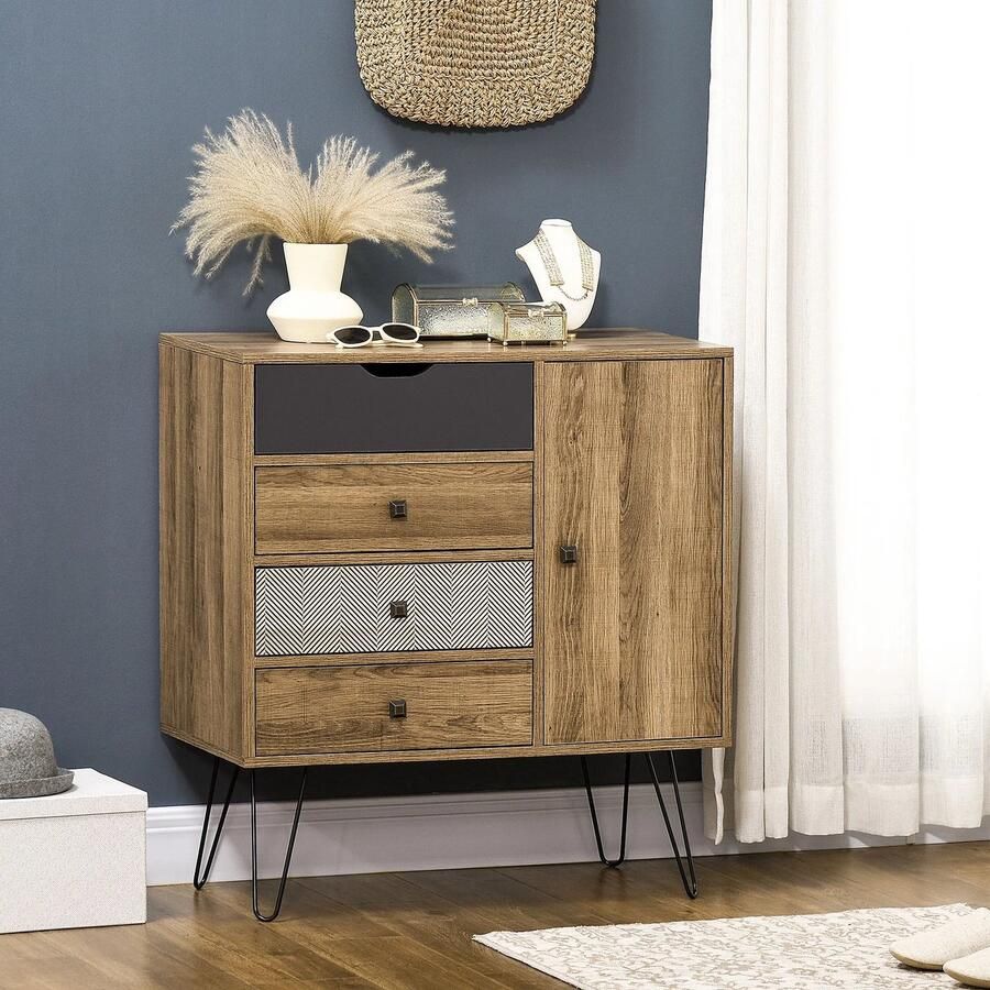 Multifunctioneel Boheems dressoir & 4 lades & 1 deur & stijlvolle metalen poten 79X39X86cm Opbergkast Groot aanrecht vier lades & 1 kast met twee compartimenten & elegante hoge metalen vorkpoten Woonkamermeubels Bruin beige & zwart