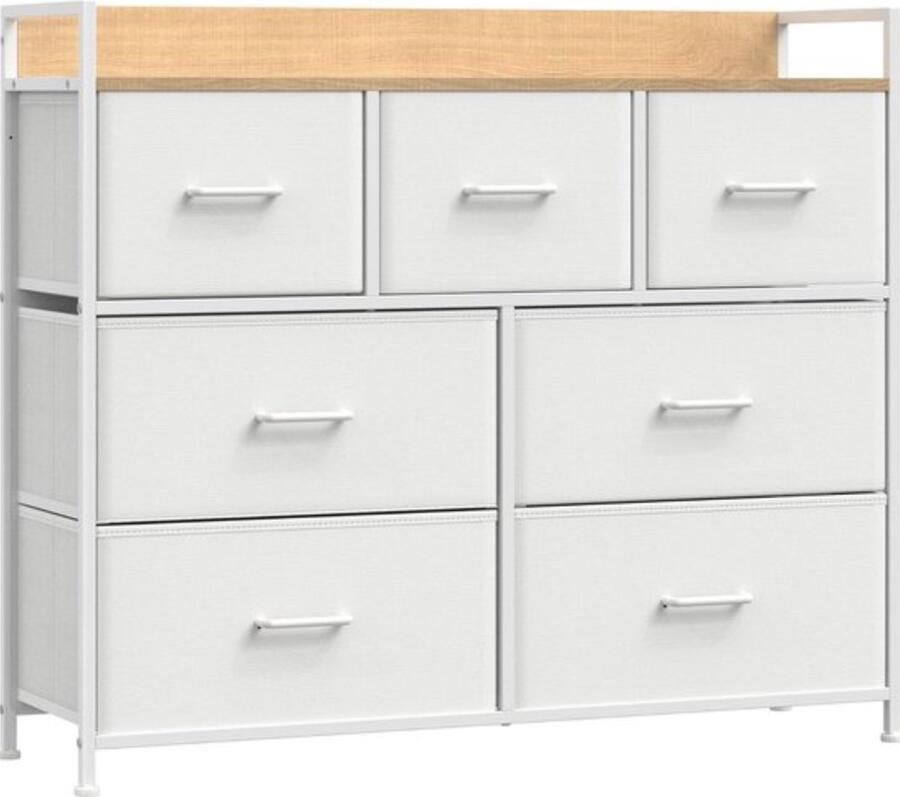 Multifunctioneel Dressoir 7 Laden 4 grote & 3 klein Verstelbare Poten Stabiliteit Creëren & Kantelbeveiliging- Commode Kast 7 Laden & Handgrepen Metalen Frame Modern Design Wit-eiken TV Kledingkast Slaapkamer Gangkast 28 5x98x85 cm Max 71KG