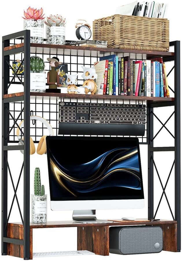 Multifunctioneel Houten en Metalen Bureau- en Boekenkastrack met 8 Haken voor Organisatie en Opslag