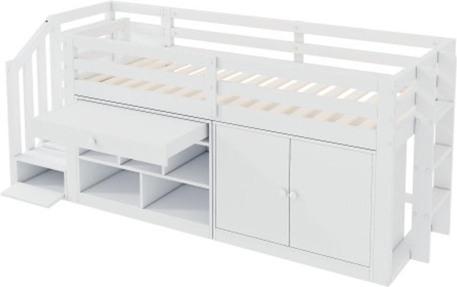 Multifunctioneel houten kinderbed met trap en opbergruimte trap kasten links en rechts verwisselbaar lades omkeerbaar en bruikbaar als bureau wit