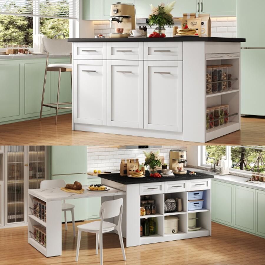 Multifunctioneel keukeneiland met 150 cm + 96 cm witte uitschuifbare eettafel zwart wit gemarmerd houten aanrecht tafel geïntegreerde opbergkasten ideaal voor gezinskeukens potluck-diners