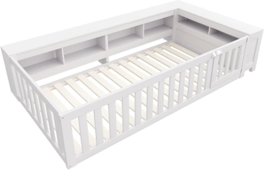 Multifunctioneel kinderbed 90 x 200 cm met opbergvakken en opbergruimte met veiligheidshekje en deur rondom bescherming met lattenbodem eenpersoonsbed wit