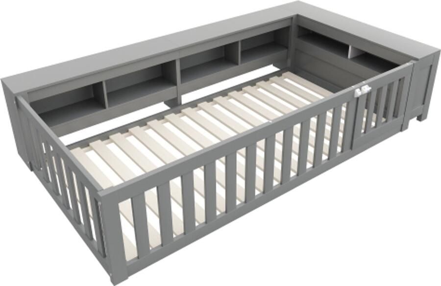 Multifunctioneel kinderbed 90 x 200 cm met opbergvakken en opbergruimte met veiligheidshekje en deur rondom bescherming met lattenbodem eenpersoonsbed grijs
