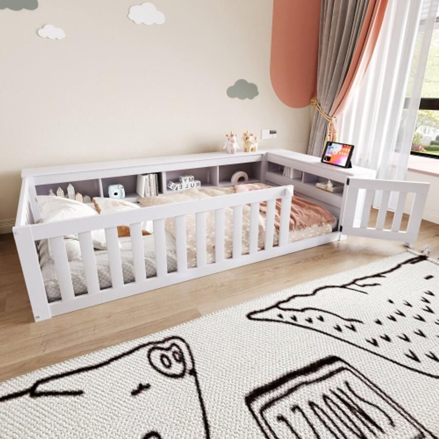 Multifunctioneel kinderbed 90 x 200 cm met ruime opbergvakken en opbergruimte met veiligheidshekje en deur rondom bescherming massief houten bed met lattenbodem eenpersoonsbed wit