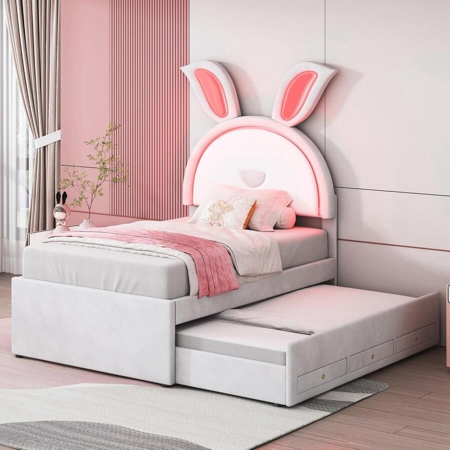 Multifunctioneel Kinderbed 90 x 200 cm met Uittrekbaar Bed en Opberglade Beige Fluweel