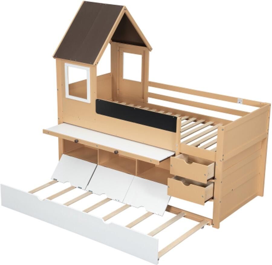 Multifunctioneel kinderbed hoogslaper Stapelbed 90x200cm & 90x190cm boomhutbed met lades en uitschuifbed met uitschuiftafel veel opbergruimte houten bed met raam graffitibord wit + naturel