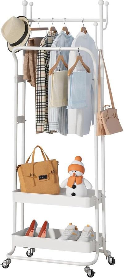 Multifunctioneel Kledingrek met Wieltjes en Dubbele Kledingstangen Stabiele Kledingstandaard voor Slaapkamer en Woonkamer - Foto 2