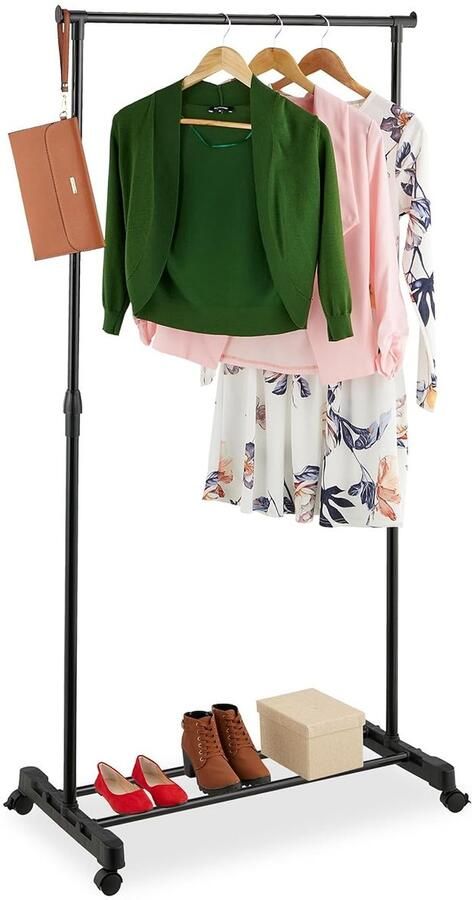 Multifunctioneel Kledingrek op Wielen Verrijdbaar en Verstelbaar 1 stuk Zwart Metaal en Kunststof