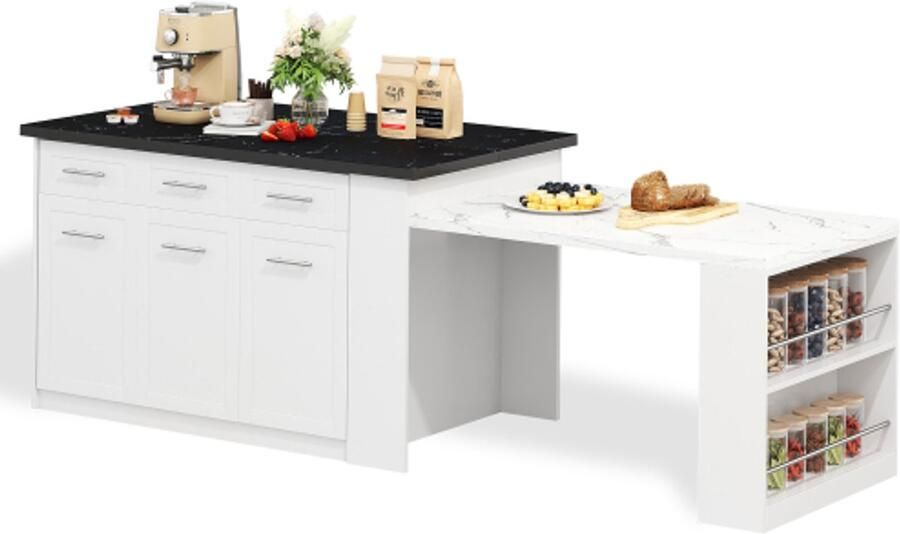 GOTAGEE Multifunctioneel kookeiland met 150cm+96cm witte uitschuifbare eettafel zwart wit gemarmerd houten werkblad tafel geïntegreerde opbergkasten voor familiekeukens potluck-diners