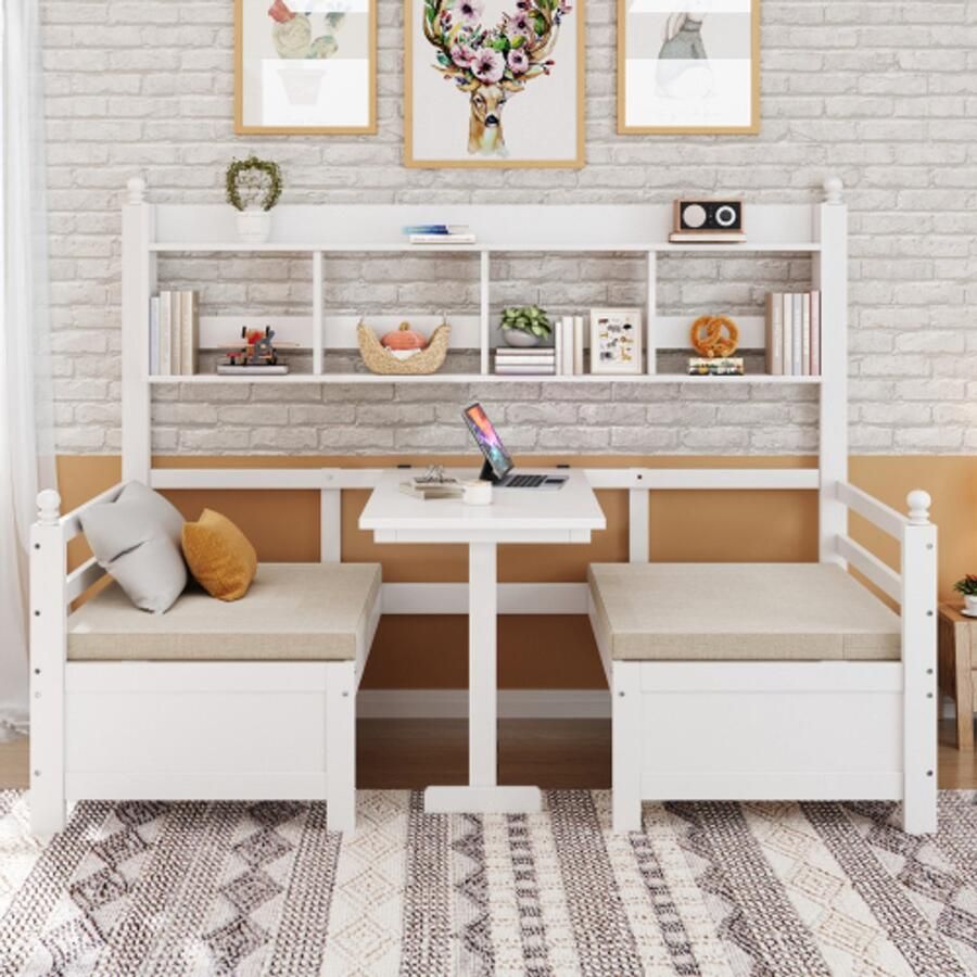 Multifunctioneel massief houten bank bed 200x90 cm 2-in-1 bed en bureau vrij converteerbaar met boekenplank voor opslag met comfortabele kussens een gastenbed met een enkel houtbed wit - Foto 2