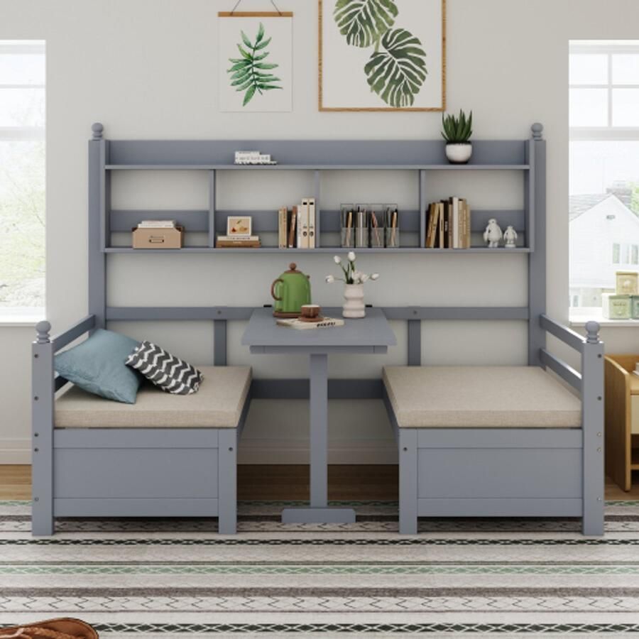 Multifunctioneel massief houten bank bed 200x90 cm 2-in-1 bed en bureau vrij converteerbaar met boekenplank voor opslag met comfortabele kussens een gastenbed met een enkel houtbed grijs - Foto 2