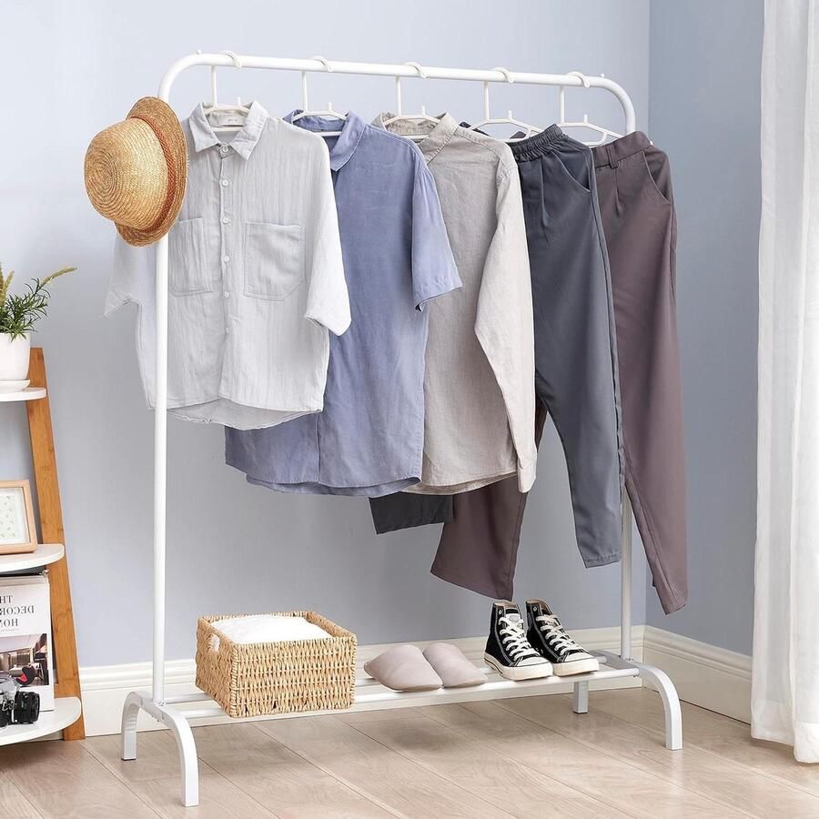 Multifunctioneel metalen kledingrek kledingstang onderste frame en 2 haken wit kledingrek