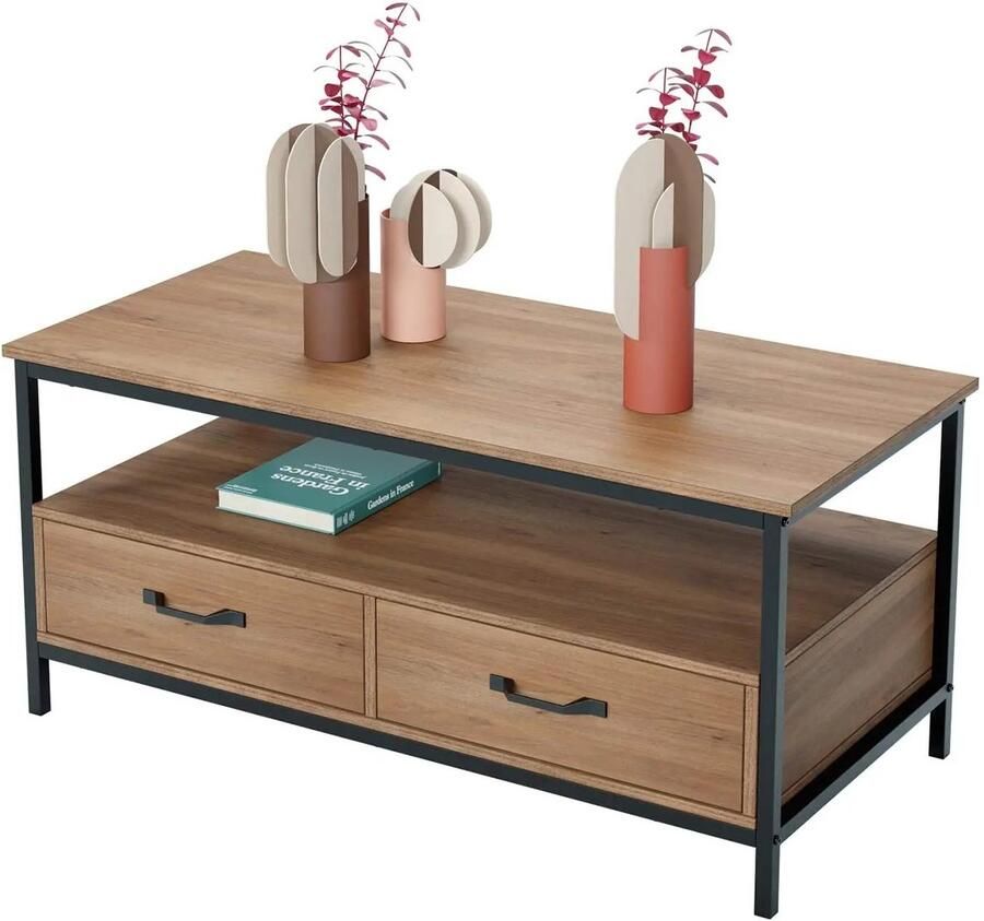 Multifunctioneel Salontafel 4 Grote Laden + Open Compartiment 106x50x48 cm Woonkamertafel Metaal Frame Hout vintage Bruin Veel Opslagruimte Banktafel 4 Grootte Lade 119x59 6x11 6cm Maximaal 60 kg Robuust & Stabiel Televisietafel Kantoortafel