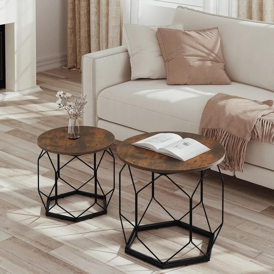 Multifunctioneel Salontafel Set van 2 Rond Afneembare Tafelblad- Bijzettafel Compact & Uniek & Ruimtebesparend Laptop Tafel & Hol Zwart Metalen Frame Salontafel & Opbergruimte 50*40.5*50cm 40*37*40cm Bruin Houtmateriaal Klasse E1 Stevig & Stabiel