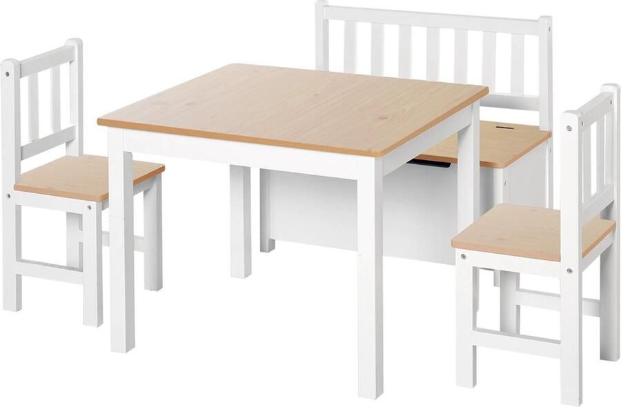 Multifunctioneel Speelhoek Tafel Set bestaat uit 1 Kindertafel & 2 stoelen & 1 Bank met Opslag Spelen Opbergen Extra Zitgedeelte Eten Afgeronde Randen MDF Grenen Houten Poten voor Stabiliteit Grote extra Opbergruimte onder de Zitbank