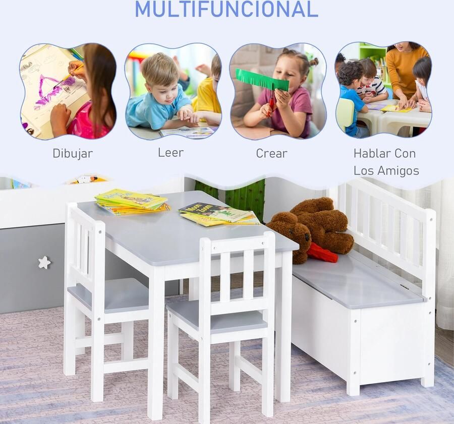 Multifunctioneel Speelhoek Tafel Set Kindertafel & 2 stoelen & Bank met Opslag GRIJS & WIT- Spelen Opbergen Extra Zitgedeelte Eten Afgeronde Randen MDF Grenen Houten Poten voor Stabiliteit- Extra Opbergruimte onder de Zitbank Tafel 60x50x48