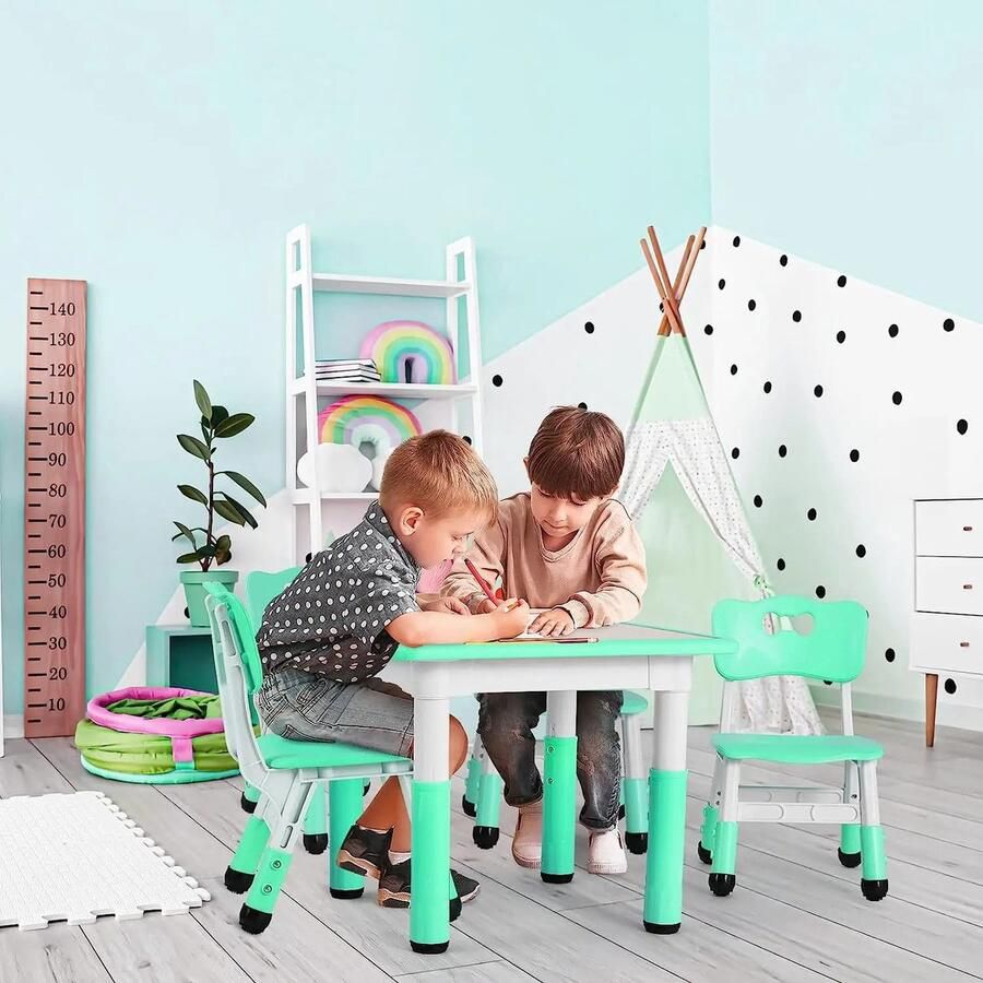 Multifunctioneel Speeltafel Kindertafel met 4 stoeltjes 5 Hoogte-Instellingen voor de Tafel en 3 voor de Stoelen- GROEN Multi-Activiteit Tafel Set- Complete Kindertafel Set 4 Stoelen Hoogte Verstelbaar Mee Groeit uw Kind Robuust Veilig 2-10 jaar