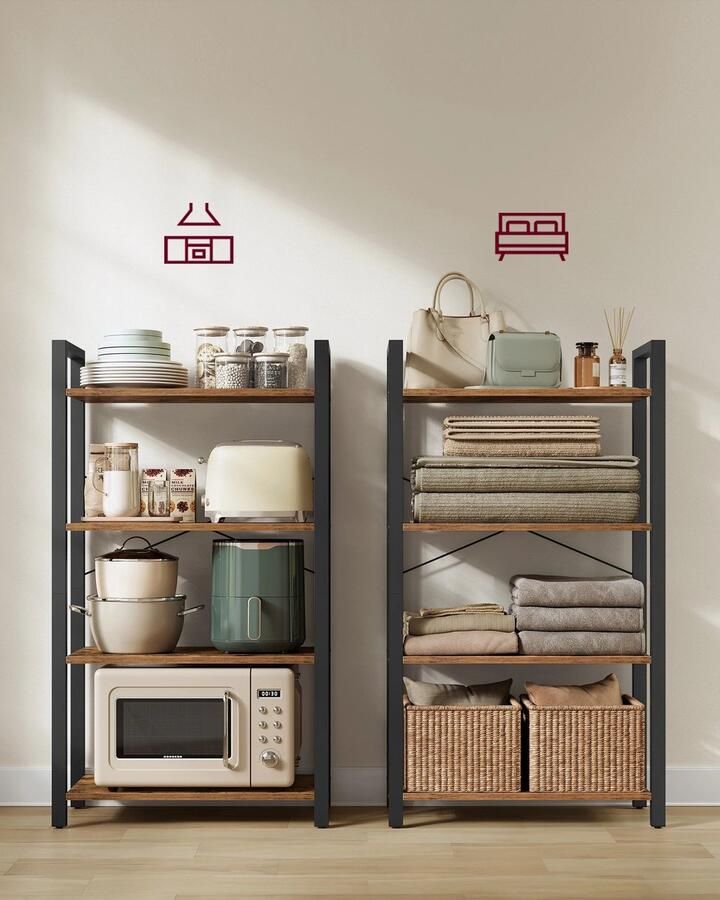 Multifunctioneel Stabiele Boekenkast 4 Houten Planken 11 Kg Buffetkast 4 Lagen- Vintage Bruin Zwart 66x30x120 Opbergkast 4 Niveaus Elke Plank 10 kg Dragen 4 Verstelbare Voeten Extra Stabiliteit- Ladderplank Stevig Metalen Frame & Robuuste Spaanplaat