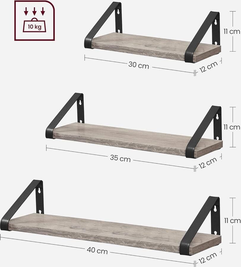 Multifunctioneel Wandrek planken set van 3 grijs-zwart