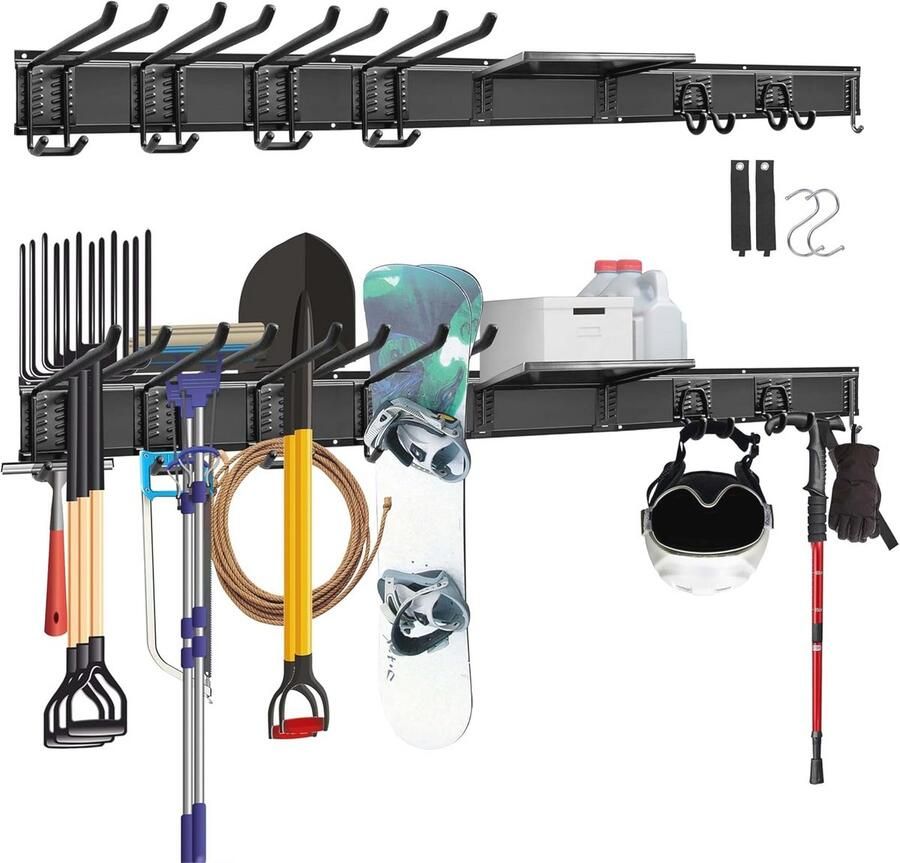 Multifunctioneel wandrek voor garage en tuin 122 cm lengte met plank en haken voor gereedschap
