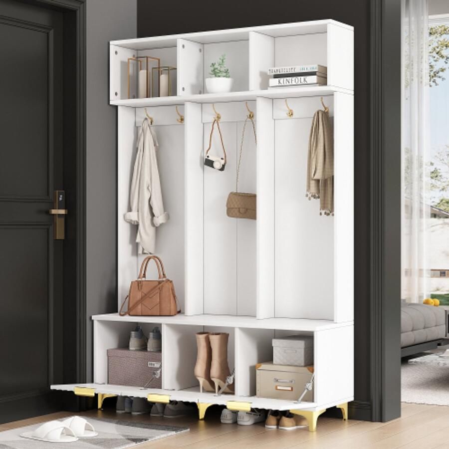 Multifunctionele 192 cm High houten garderobe set met schoenbank lade kledinghaak Modern ontwerp met hydraulische scharnieren en praktische opslagruimte
