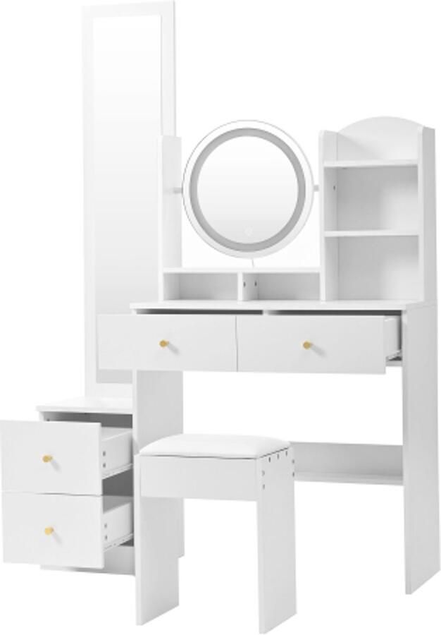 Multifunctionele 4-in-1 kaptafel met draaibare spiegel & LED-verlichting – make-uptafel met kruk – Wit – 164x109x36 cm