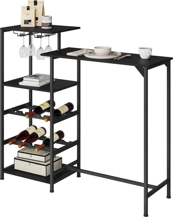 Rootz Living Rootz multifunctionele bartafel tafelbladen met twee niveaus opbergtafel geïntegreerde wijnrekken duurzaam E1 hout en metaal B129 5 x H117 x D38 cm