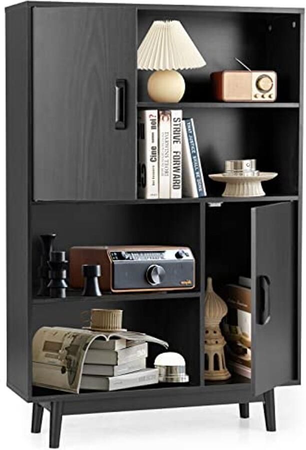 Multifunctionele Boekenkast met 2 Deuren en 4 Open Planken Houten Bijzetkast voor Thuis en Kantoor